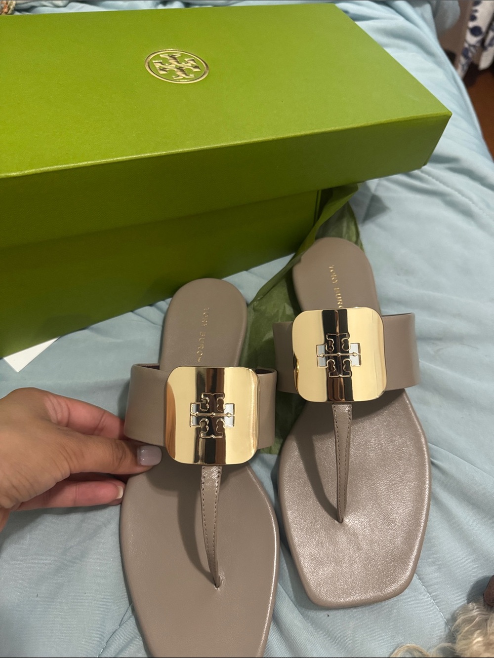 Tory Burch Metallic-Emblem Taupe Thong Sandals